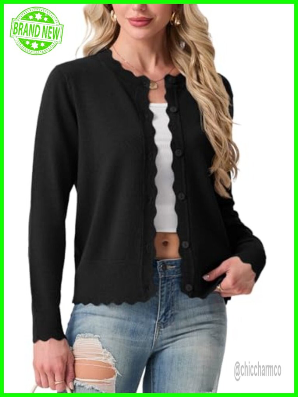 Lightweight Knit Cardigan Sweater Button-Up Long Sleeve Scalloped Trim Women